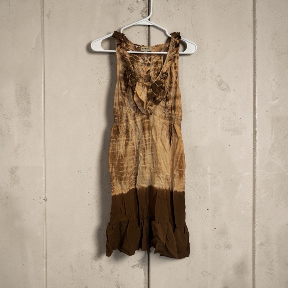 Tan & Brown Tie-Dye Ruffle Dress | Sleeveless Casual Flowy Outfit